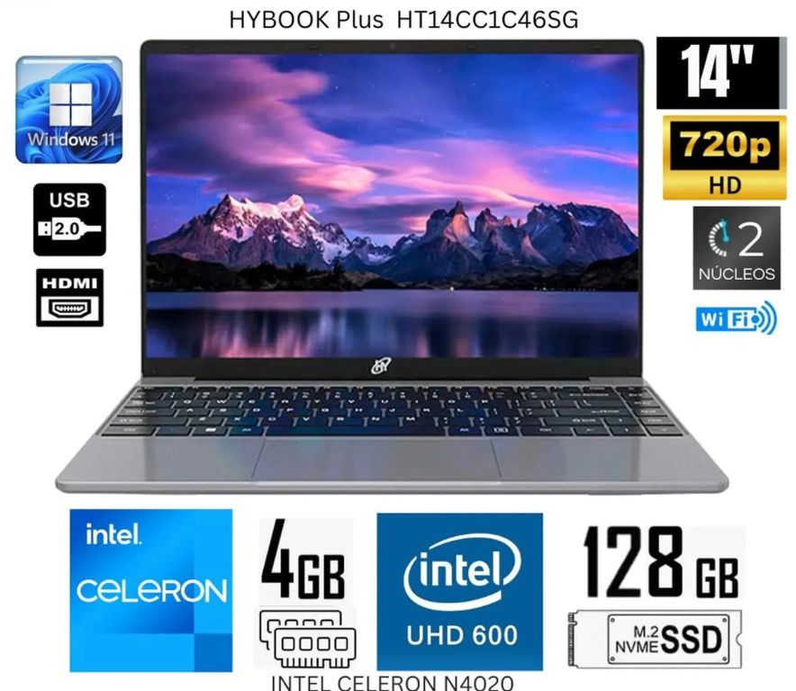Laptop Intel Celeron N4020 Windows 11 S 4GB RAM y 128GB SSD 14.1" HD