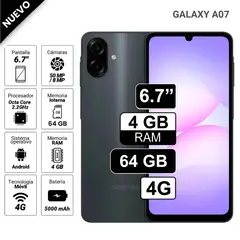 SAMSUNG - Celular Galaxy A07 67 4GB RAM 64GB cámara principal 50MP + 2MP frontal 8MP negro