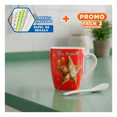 GENERICO - Pack2 Set de Navidad Taza Decorativa y Cucharita Estrella Dorada Festiva Y+Papel Regalo