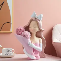 GENERICO - Florero Decorativo Dama Rosa con Lazo de Resina