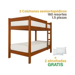 GENERICO - Combo: Camarote de Madera Nacional de 1.5 plz - color caoba - + 2 Colchones + 2 almohadas