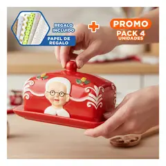 SKYBLOO - Pack4 Mantequillera Diseno Mama Noela Lentes Rojo y Disenos Blancos Festiva Y+Papel Regalo