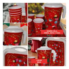 SKYBLOO - Conjunto Navideño de Jarra con Tapa con 4 Vasos y Fuente de Plastico Color Rojo
