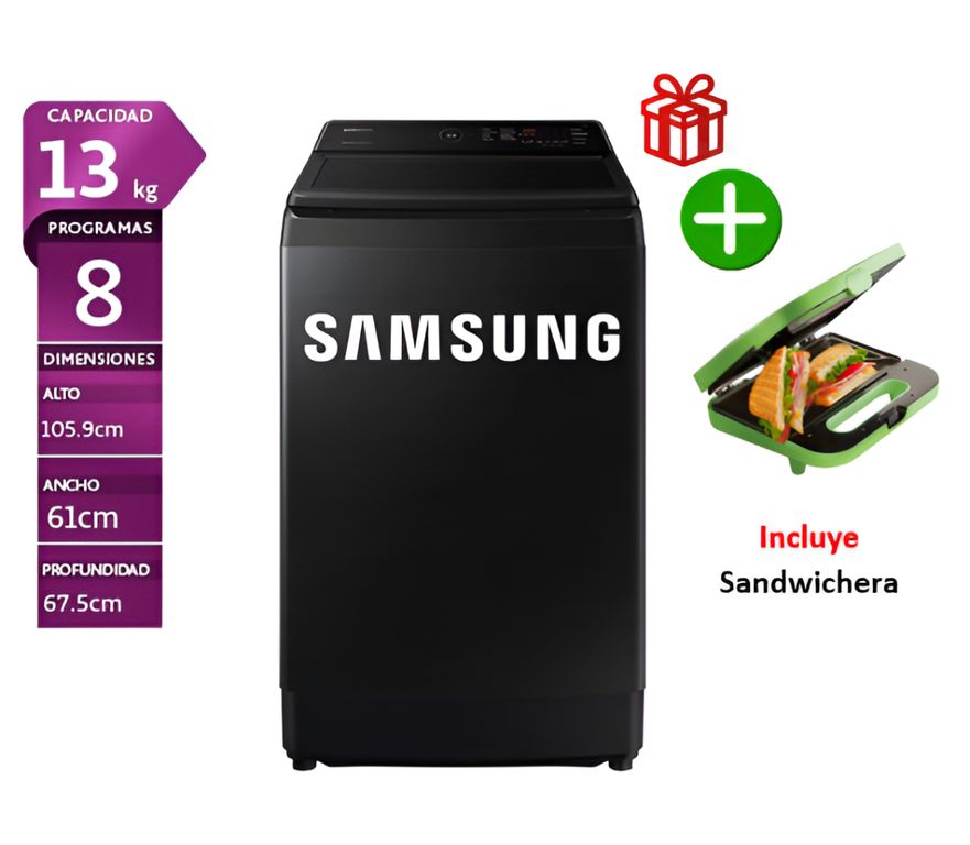 Lavadora 13 Kg Eco Inverter WA13CG5441BVPE Negro *+ Sandwichera oster
