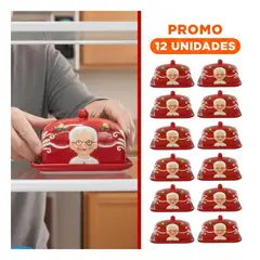 GENERICO - Pack12 Contenedor Mantequillero Color Rojo Tapa Mama Noela con Lentes y Velas