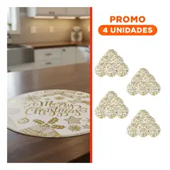 GENERICO - Pack4 Mantel Navideño Circular con Frase Merry Christmas y Brillo Dorado