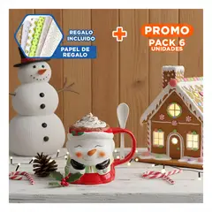 RYBIU IMPORT - Pack6 Mug Navideño con Cucharita Muñeco de Nieve B3004 Y+Papel Regalo