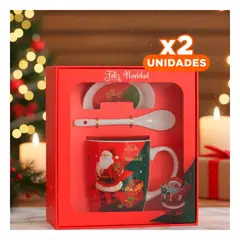 ANIMALIA - Pack2 Recipiente Navideño con Plato y Cucharita de Papa Noel para Regalo Rojo Y+Regalo Sticker