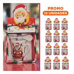 SKYBLOO - Pack12 Vaso con Cucharita y Papa Noel Brazos Arriba con Regalos para Bebidas Calientes Blanco