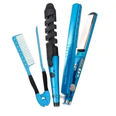 OEM - Kit BELLEZA 3 En 1 Plancha + Rizador + Peineta Azul