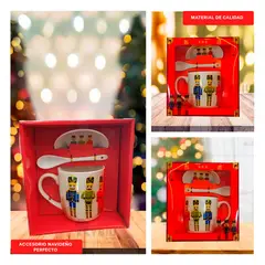 ANIMALIA - Taza Navideña con Plato y Cucharita de Cascanueces Traje Rojo Verde y Azul Blanco