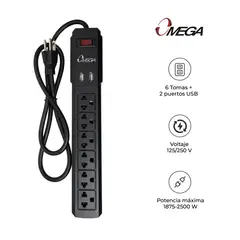 OMEGA - Supresor de Picos 491144BK 6 Tomas 2 USB Protector Sobretensión Negro