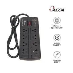 OMEGA - Supresor de Picos 8 Tomas y 2 USB 220V 498844BK Negro
