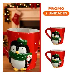 RYBIU IMPORT - Pack2 Mug Navideño con Relieve de Pinguino con Baston Rojo para Bebidas Calientes