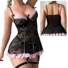 GENERICO - Lencería Babydoll Encaje Vestido Camisón Ropa Sexy Negro