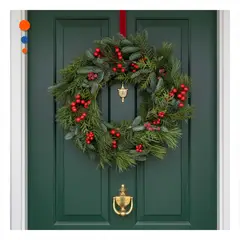 GENERICO - Corona de Pino con Frutos Rojos para Puerta o Sala Verde Y+Ligas Regalo