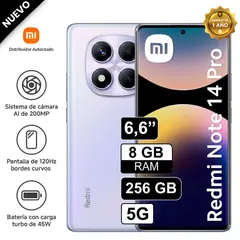 REDMI - Celular Libre Xiaomi Note 14 PRO 5G 6.6" Pulg 256GB 8GB Lila