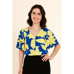 MARWAL - Blusa Celin  By  , color Azul / Amarillo , Manga Acampanada , Cintura elasticada , cuello en V.