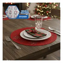 GENERICO - Pack6 Mantelito Redondo Rojo con Copos de Nieve Decorativos Set de 6 38cm Y+Regalo Sticker