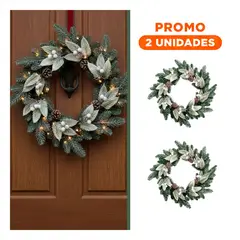 GENERICO - Pack2 Corona De Navidad Verde y Blanca 33cm Con Frutos Blancos y Piñas Para Casa Festiva