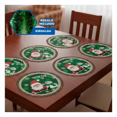 GENERICO - Individual con Estilo HO HO HO Santa y Detalles Navideños Verde y Rojo Y+Guirnalda Nav