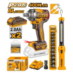INGCO TOOLS - KIT LLAVE DE IMPACTO BRUSHLESS INGCO 20V 400NM + LÁMPARA + DADOS + PUNTILLAS COSLI23048