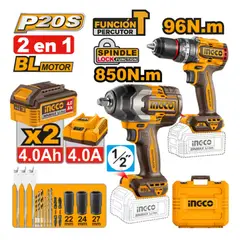 INGCO TOOLS - KIT TALADRO PERCUTOR BRUSHLESS INGCO 20V 96NM + LLAVE DE IMPACTO BRUSHLESS 20V 850NM COSLI250586