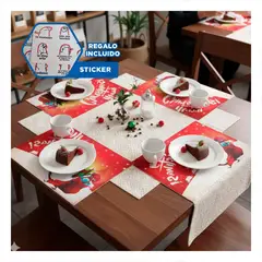 GENERICO - Individual de Tela Set 6 Personaje Santa Claus Cena Familiar Rojo Blanco Y+Regalo Sticker