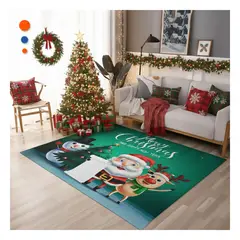 SKYBLOO - Alfombra para Sala o Entrada con Motivo de Santa Reno y Muñeco de Nieve Verde Y+Ligas Regalo