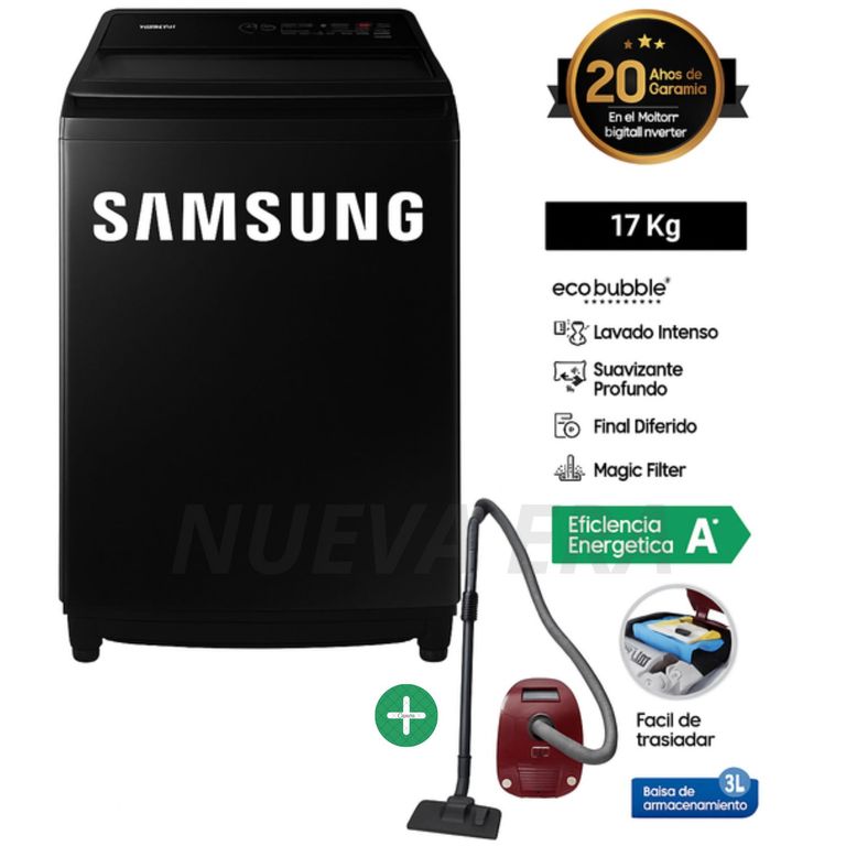 Lavadora 17Kg EcoBubble Carga Superior WA17CG6441BVPE Negro + Aspiradora VCC4190V3KXZS 2000W