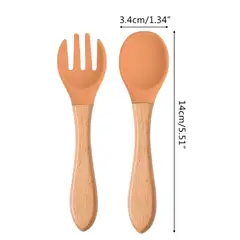 GENERICO - Set cuchara y tenedor silicona con mango madera bebe con estuche niño