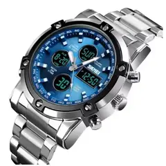 SKMEI - Reloj 1389 Plateado fondo azul Correa acero inoxidable
