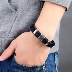 GENERICO - Pulsera de acero inoxidable y cuero para hombre