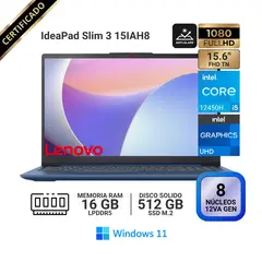 LENOVO - Laptop IdeaPad Slim 3 15IAH8, 15.6" FHD TN, Core i5 12450H, RAM 16GB, SSD 512GB, Win 11 Pro