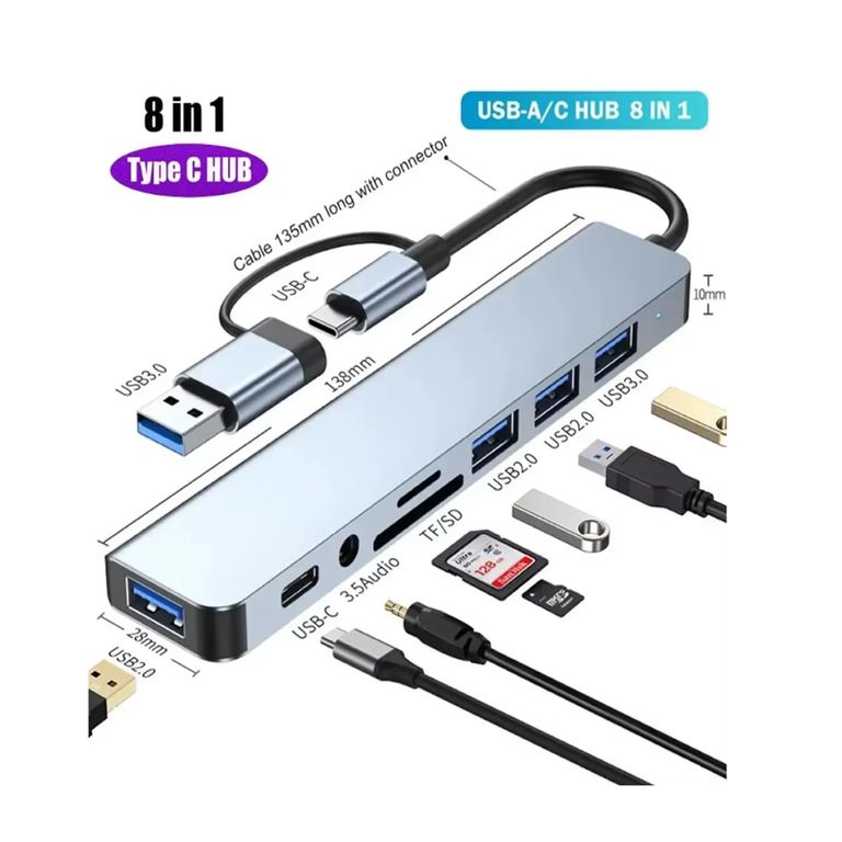 ADAPTADOR 8 EN 1 TIPO C A MULTI ENTRADA