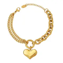 GENERICO - Pulsera Corazón Doble Cadena Mujer Acero Inoxidable Dorado Ajustable