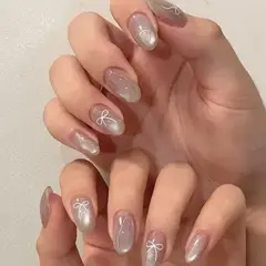 GENERICO - Uñas press on Cat eye gris con lazo