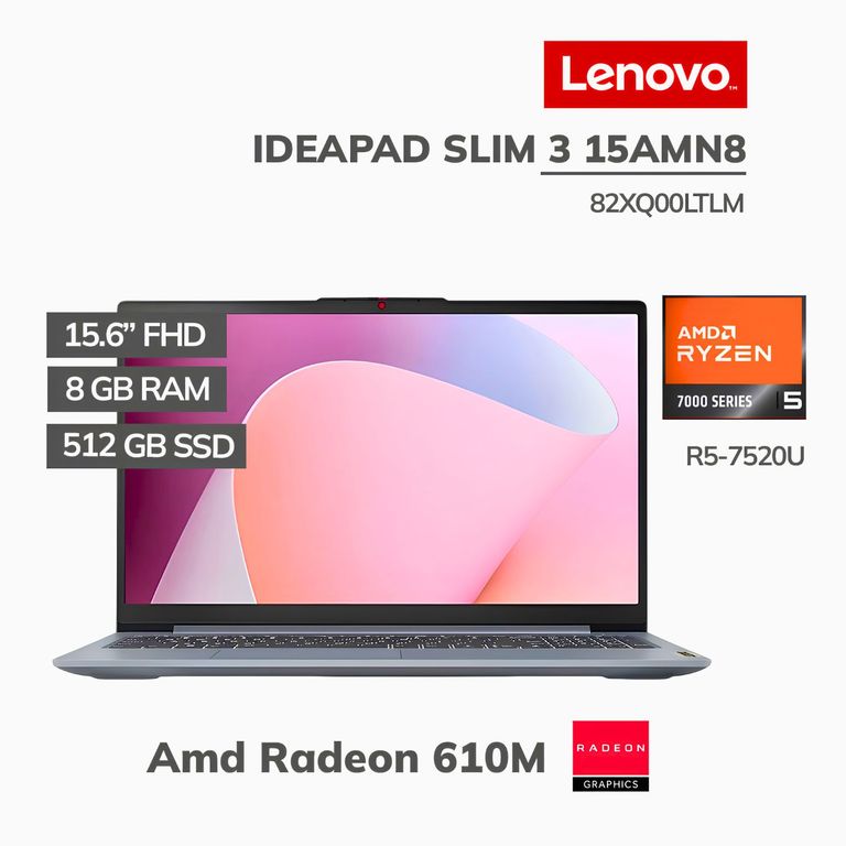Laptop IdeaPad Slim 3 15AMN8 Ryzen 5 7520U 8GB RAM 512GB SSD 15.6" FHD WIN11 82XQ00LTLM