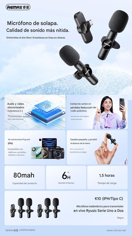 MICROFON0 INALAMBRICO SOLAPERO K10 REMAX, TIPO IPHONE