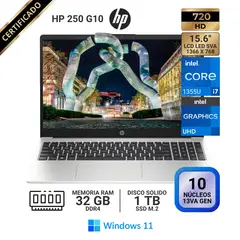HP - Laptop 250 G10, 15.6" LCD LED HD SVA, Core i7-1355U 13va GEN, RAM 32GB, SSD 1 TB, Windows 11