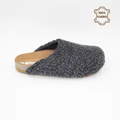 FAR WEST - Pantufla Sueco Mujer y Hombre Wooly Color Gris de Cuero
