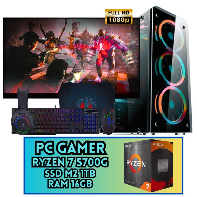 PC GAMER RGB RYZEN 7 5700G SSD M2 1TB RAM 16GB MONITOR FHD 24