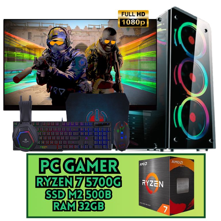 PC GAMER RGB RYZEN 7 5700G SSD M2 500GB RAM 32GB MONITOR FHD 24