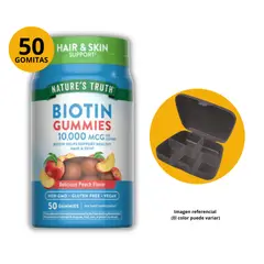 NATURE'S TRUTH - BIOTINA 10.000 MCG - 50 GOMITAS SIN AZUCAR SABOR DURAZNO + PASTILLERO