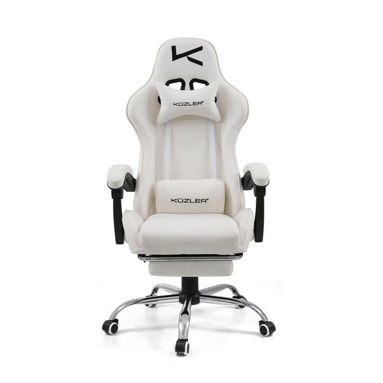 Silla Gamer Blanca Masajeador Lumbar Reposapiés y Base Metál