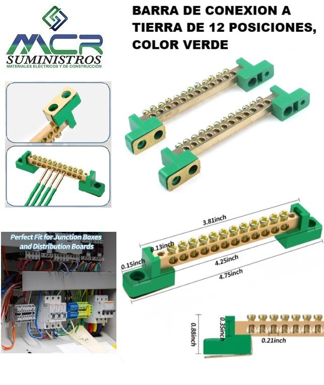 BARRA DE CONEXION A TIERRA O EQUIPOTENCIAL DE 12 POSICIONES, COLOR VERDE.