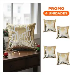 GENERICO - Pack4 Cobertor Cojín Lentejuelas Dorado y Blanco Merry Christmas para Tu Decoracion