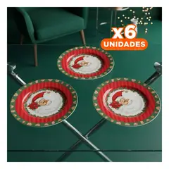 GENERICO - Pack6 Set de Platos Navideños de Melamina con Figura de Santa y Fondo Rojo Y+Regalo Sticker