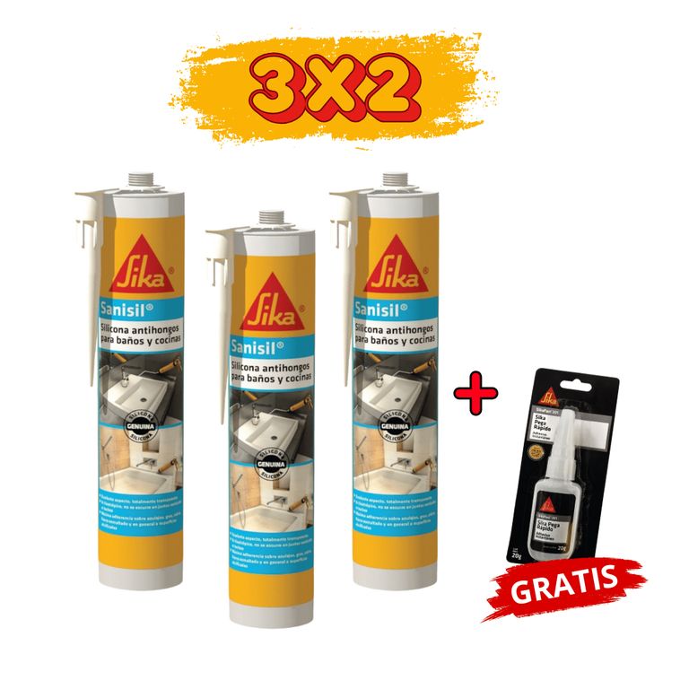 3x2 Silicona Antihongos p/ Baños y Cocinas Sanisil Blanco 280ml + Gratis Sikafast 201