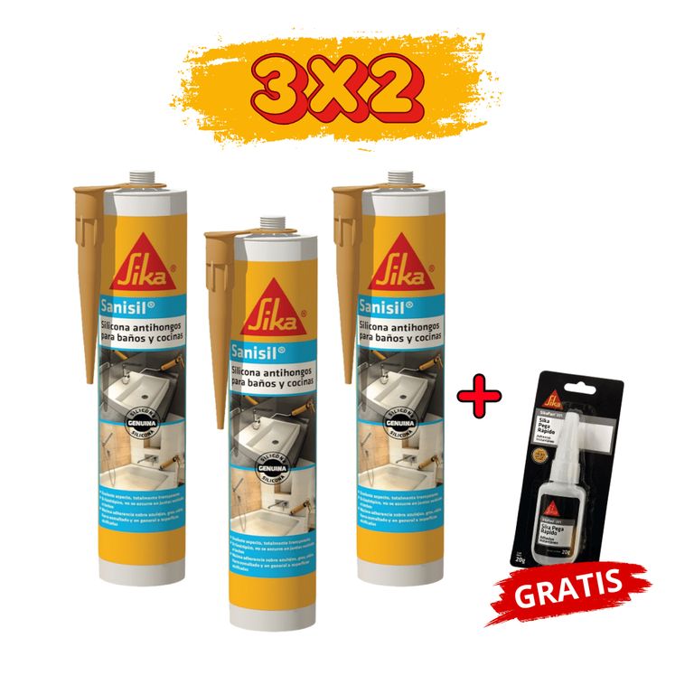 3x2 Silicona Antihongos p/ Baños y Cocinas Sanisil Beige 280ml + Gratis Sikafast 201